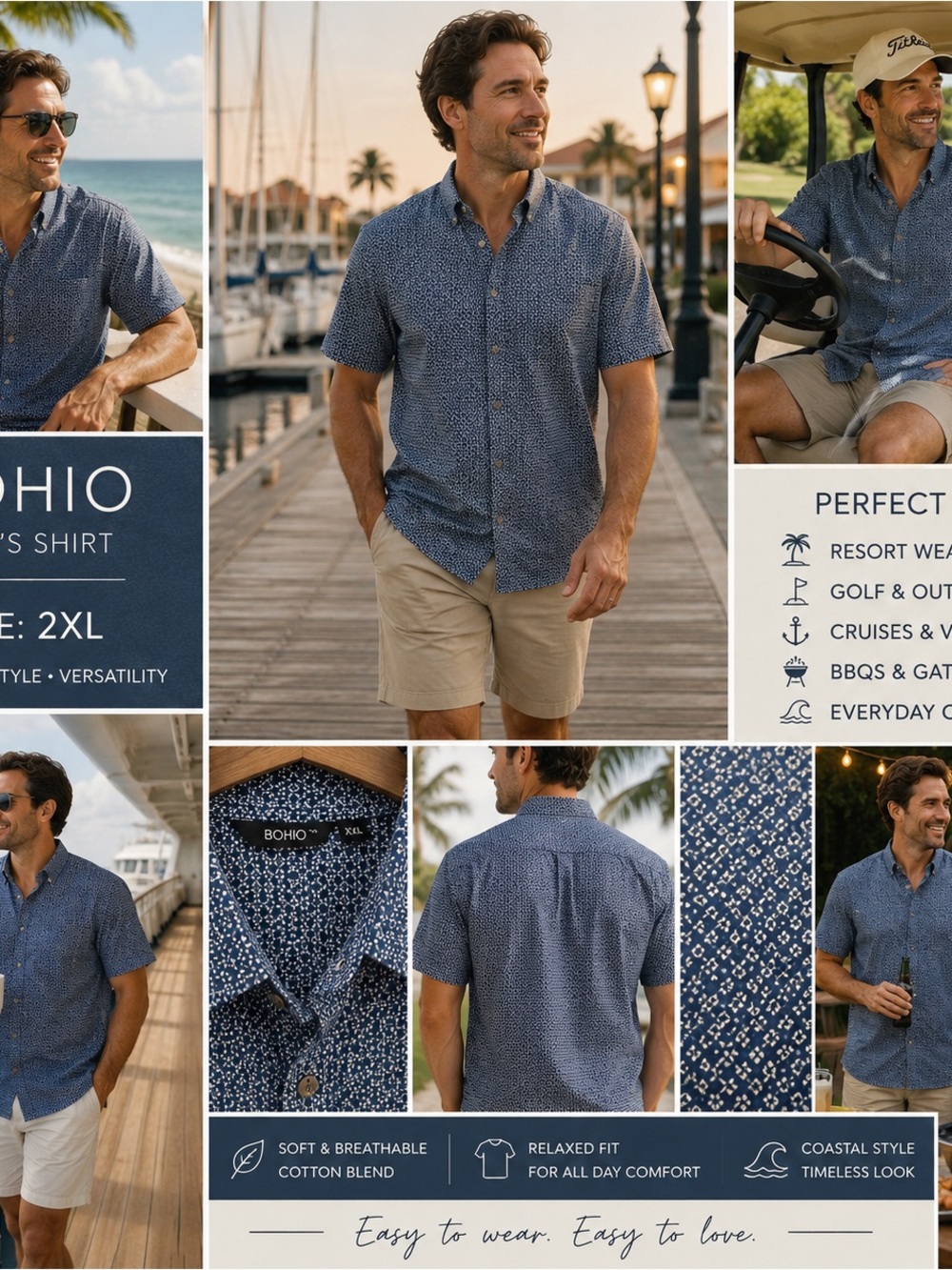 BOHIO Shirt 2XL Blue Geometric Print Resort Coastal Dad Vacation Casual Golfer